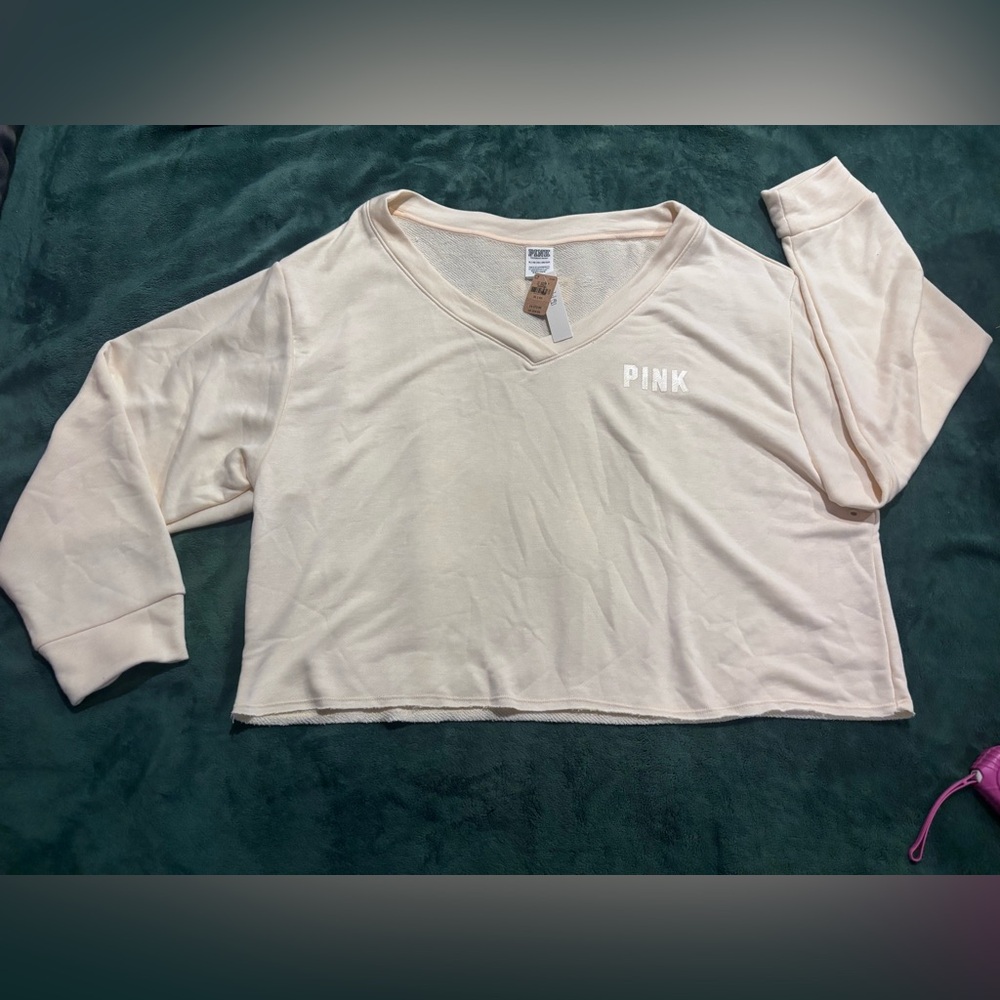 PINK Victoria's Secret Cream V-Neck Women's Cropped Sweatshirt Size XL NWT